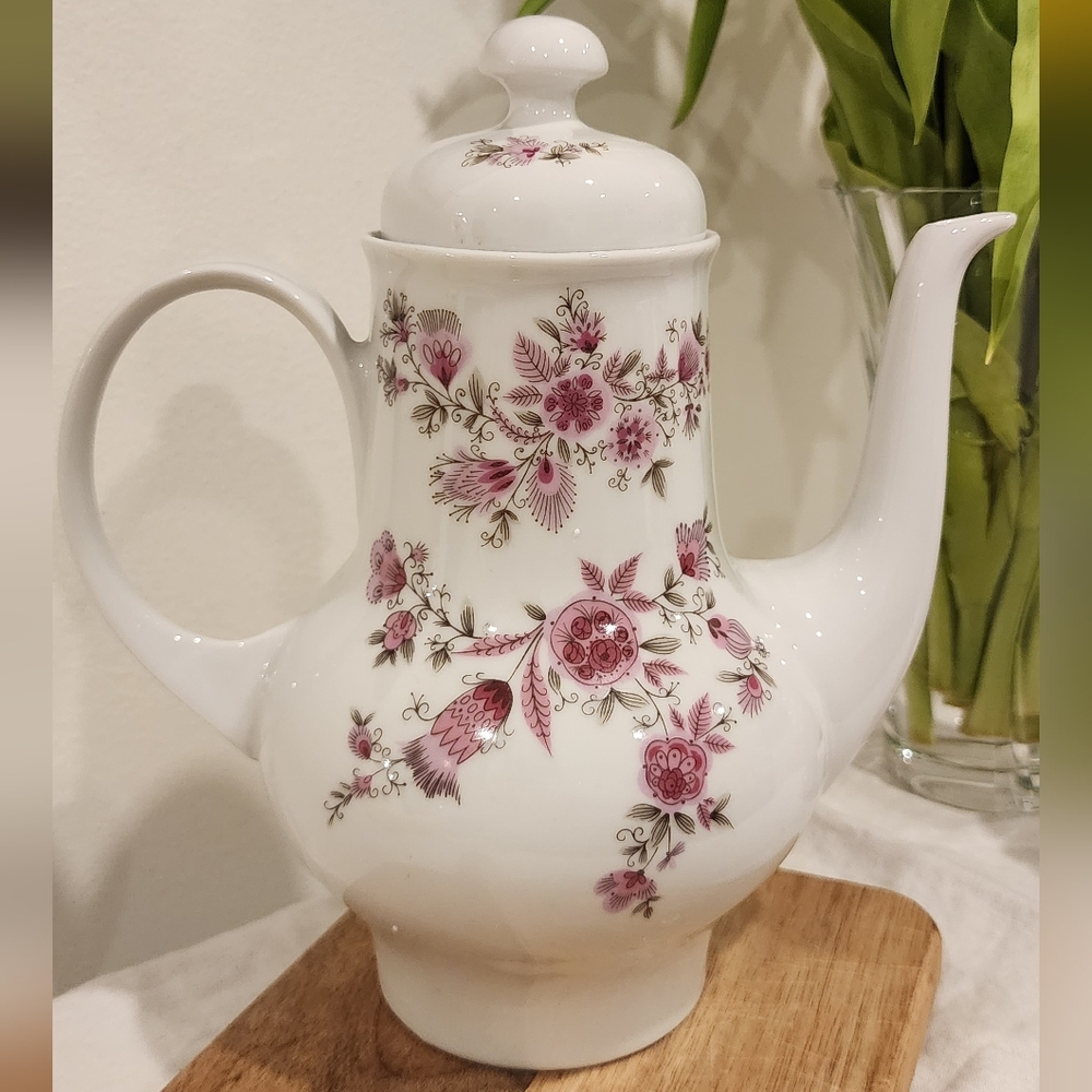 White porcelain Kahla teapot vintage with foral motif